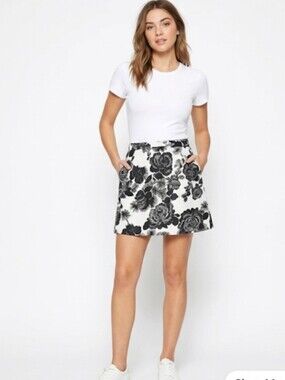 Pim + Larkin Black and White Floral Mini Skirt with Pockets Medium